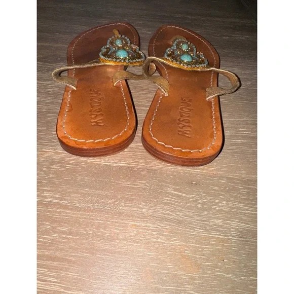 Mystique Beaded Thong Sandals Turquoise Embellished Gold Straps Size 7 - Picture 6 of 7